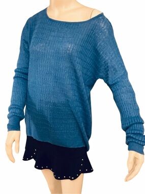 J.Crew Lightweight Linen Summer Blue Oversized Relaxed Crewneck Sweater Sz LG